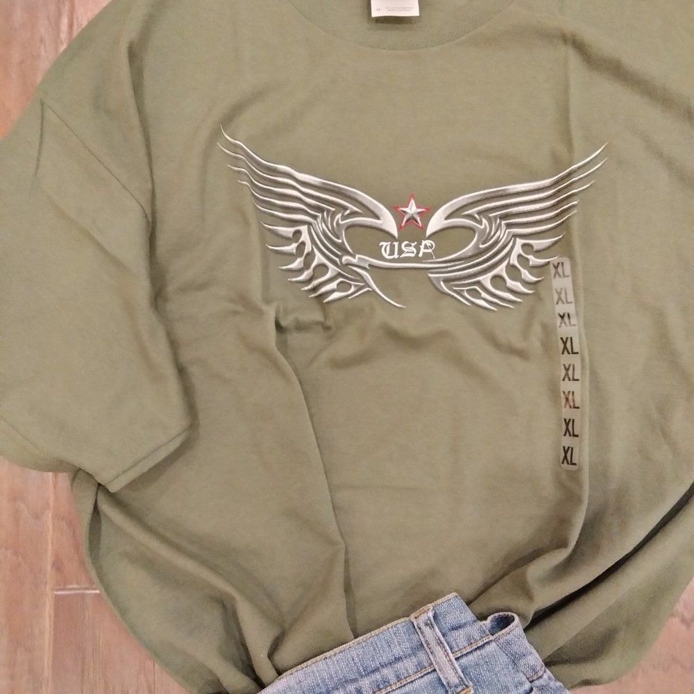 Olive Khaki Metallic Eagle USA Unisex XL Short Sleeve Crewneck T-shirt